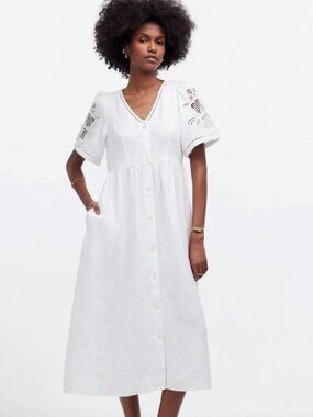 🤍 Madewell White Linen Midi Dress M 🌿 Cottagecore Embroidered Sleeve Boho